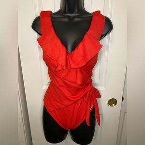 Vince Camuto Ruffle Faux wrap v-neck one piece Swimsuit size 12 orange